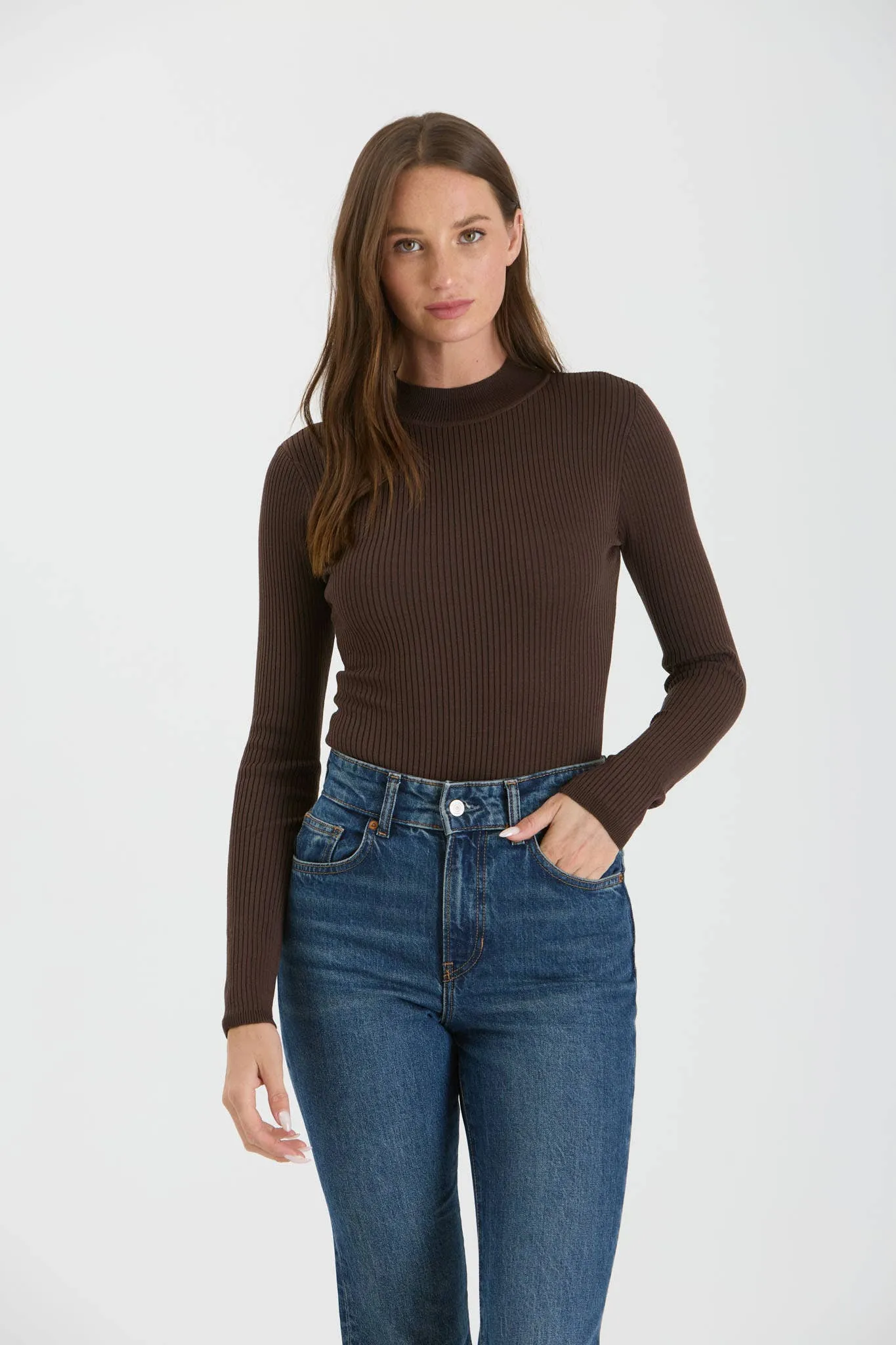 HIGH NECK LONG SLEEVE RIBBED KNIT BODYSUIT