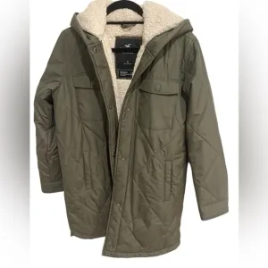 Hollister Green Sherpa Fur Lined Diamond Quilted Hooded Jacket Coat Size Small