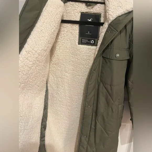 Hollister Green Sherpa Fur Lined Diamond Quilted Hooded Jacket Coat Size Small