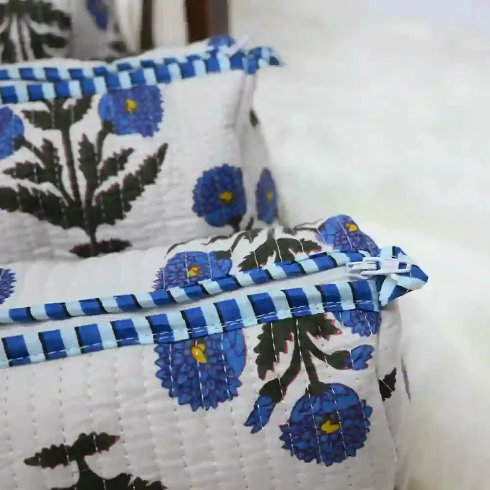 Indigo Bloom handblock  quilted travel pouch (Set of 3)