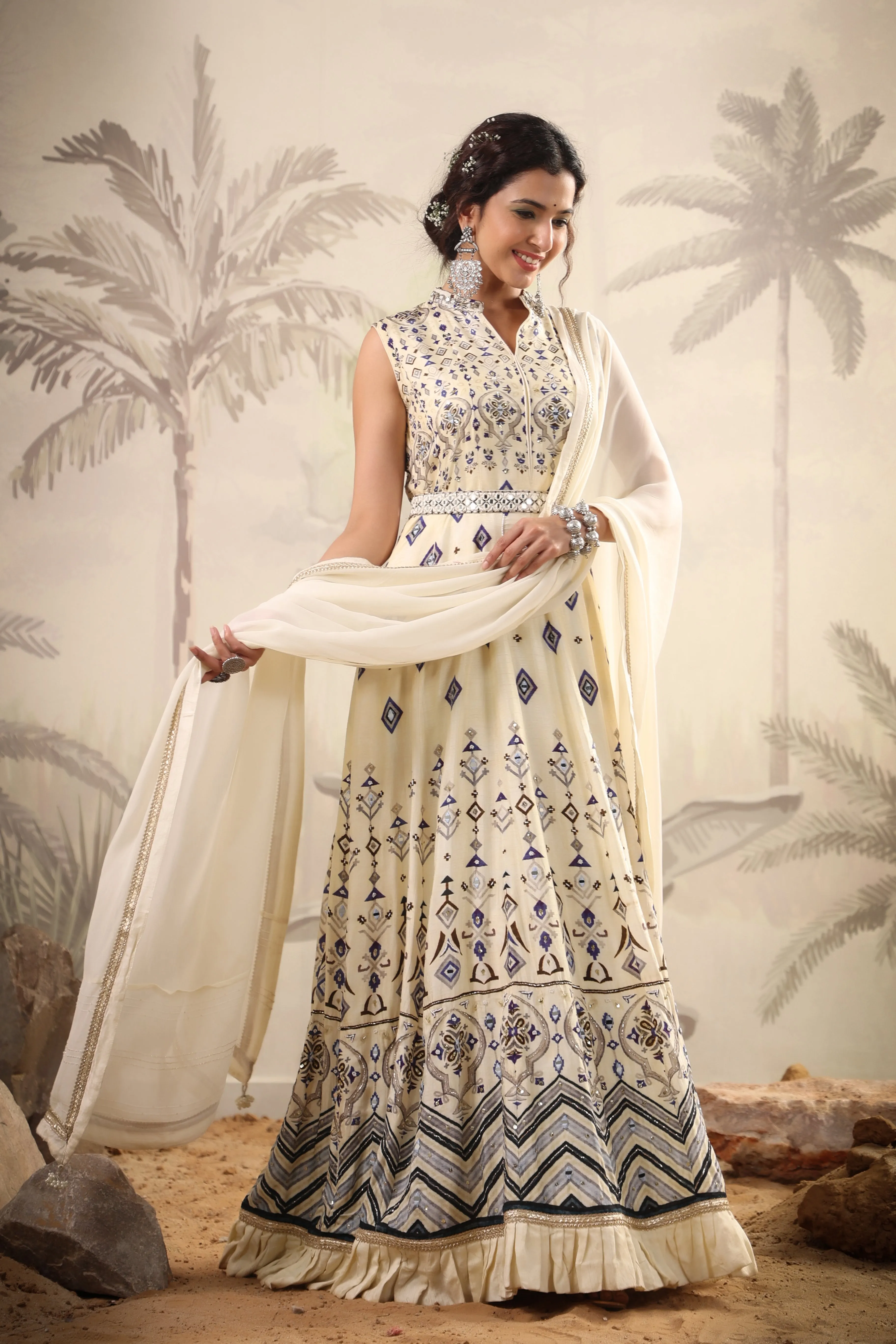Ivory Cotton Silk Printed Anarkali Gown With Belt And Chiffon Dupatta