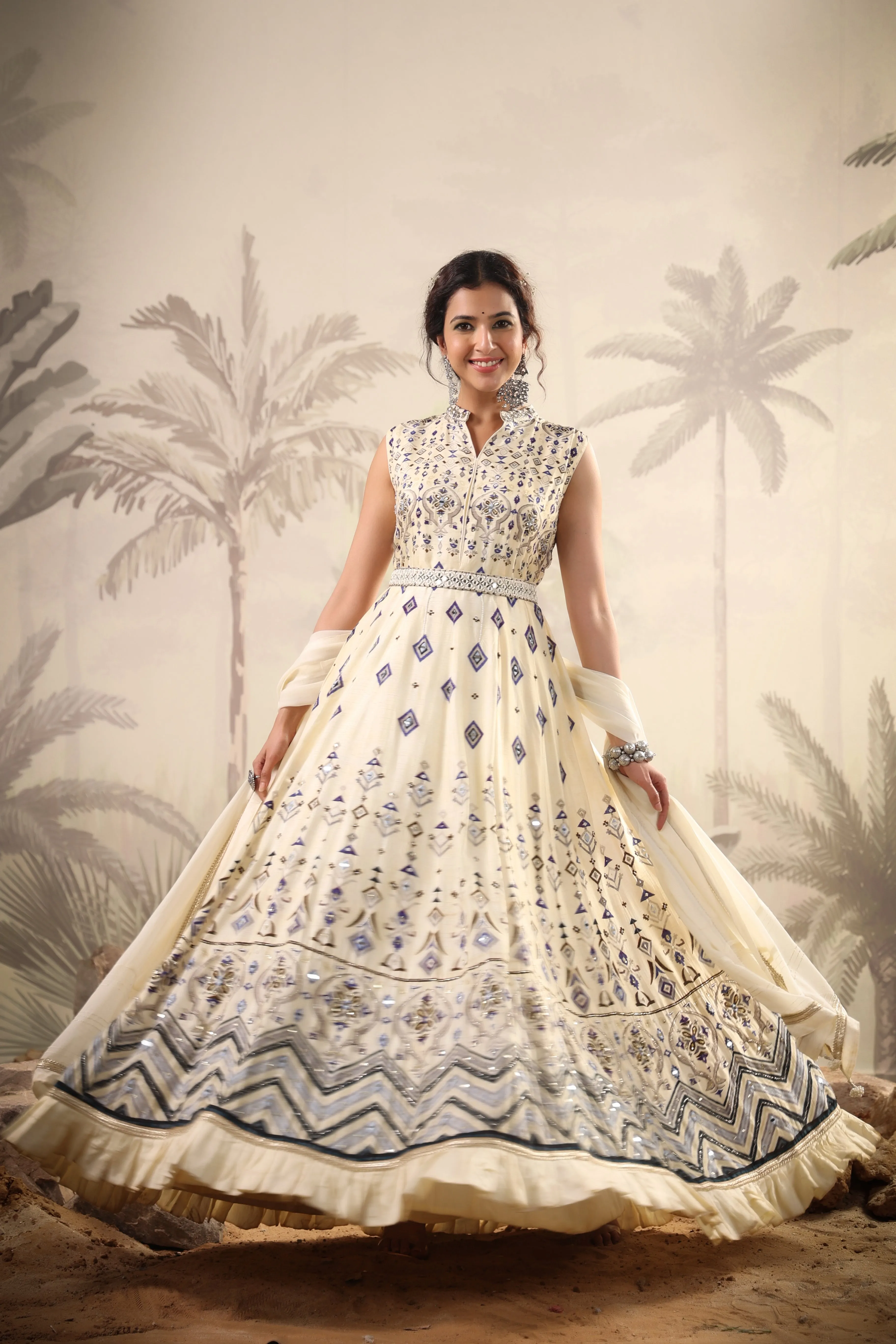 Ivory Cotton Silk Printed Anarkali Gown With Belt And Chiffon Dupatta