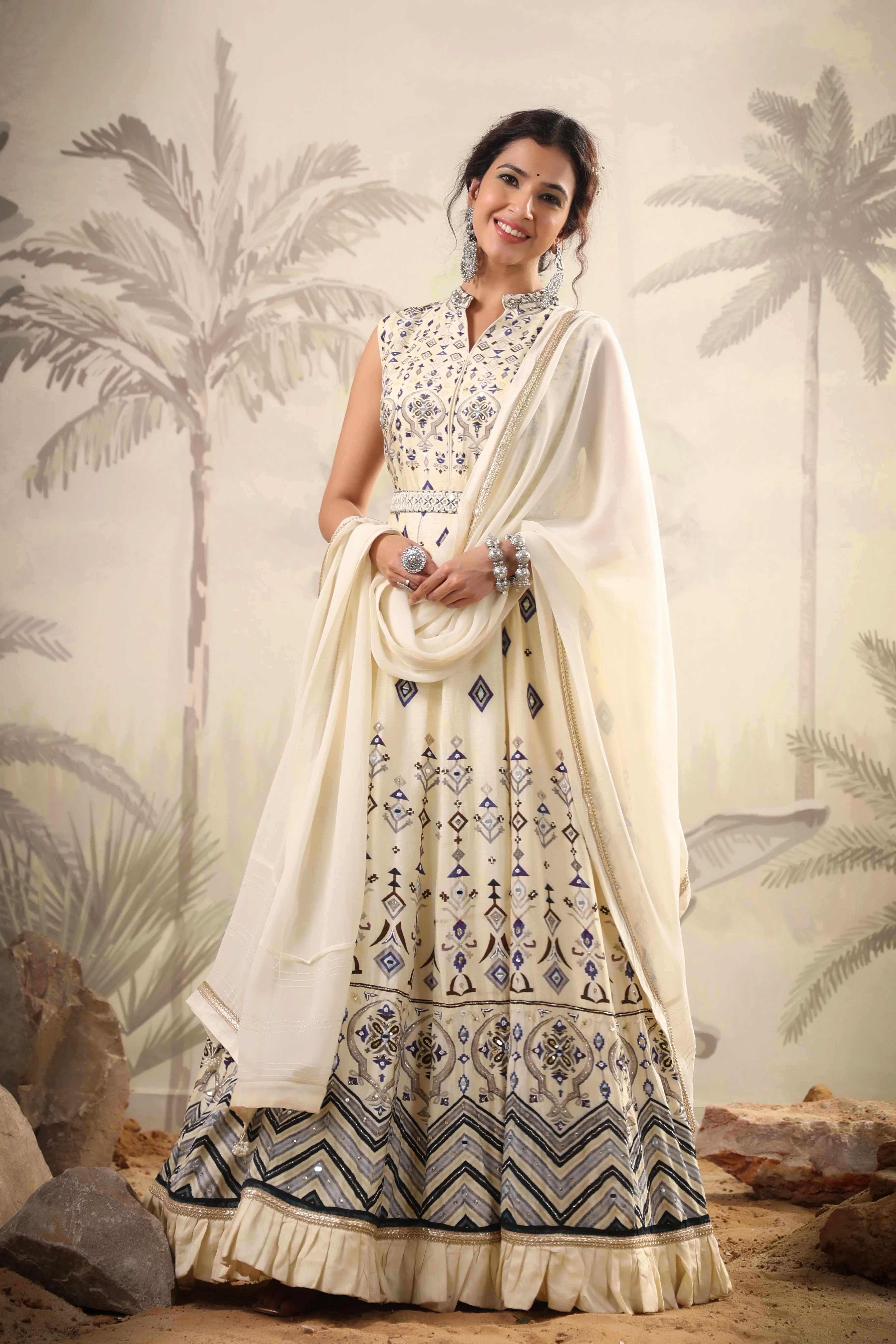 Ivory Cotton Silk Printed Anarkali Gown With Belt And Chiffon Dupatta