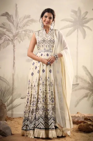 Ivory Cotton Silk Printed Anarkali Gown With Belt And Chiffon Dupatta