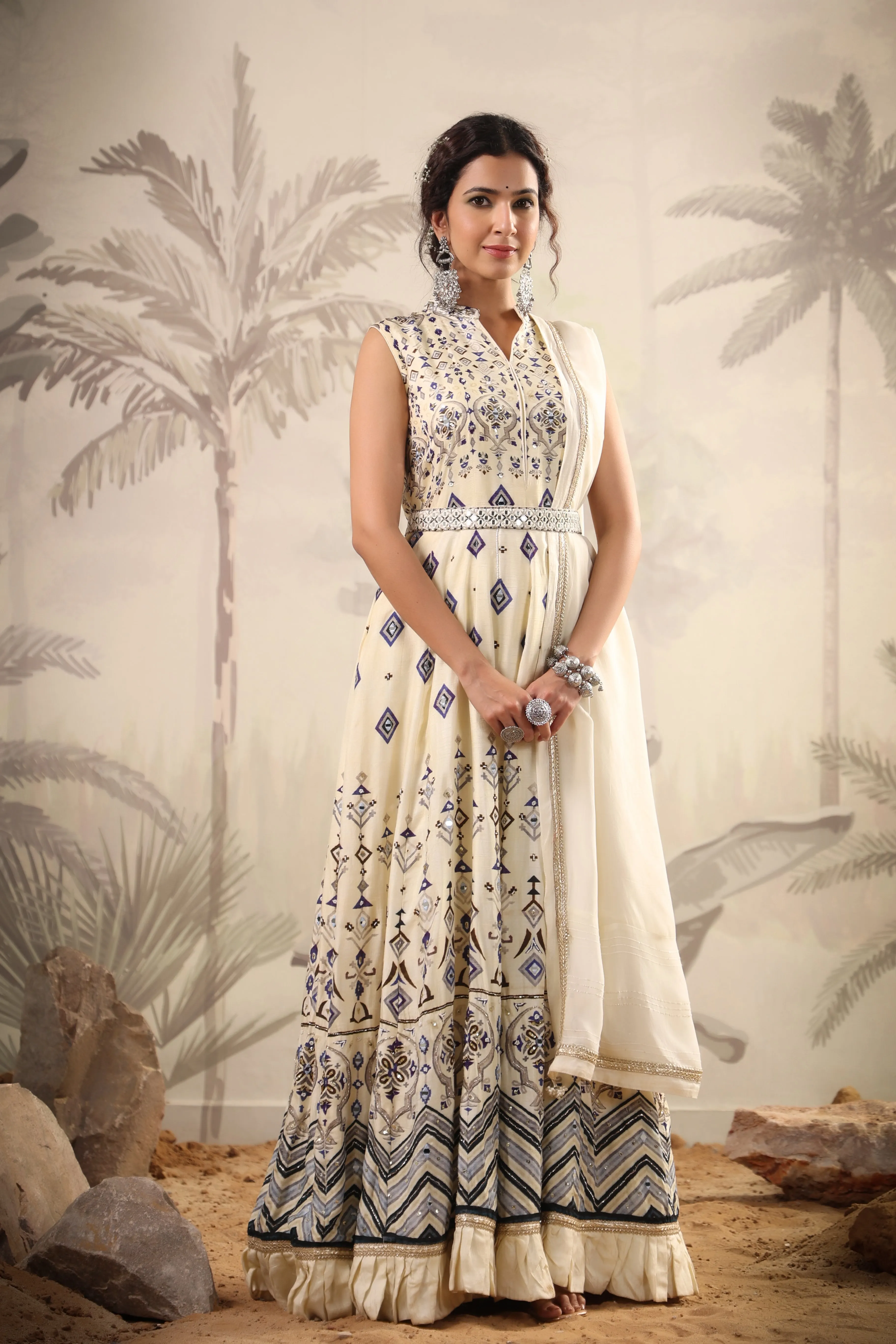 Ivory Cotton Silk Printed Anarkali Gown With Belt And Chiffon Dupatta