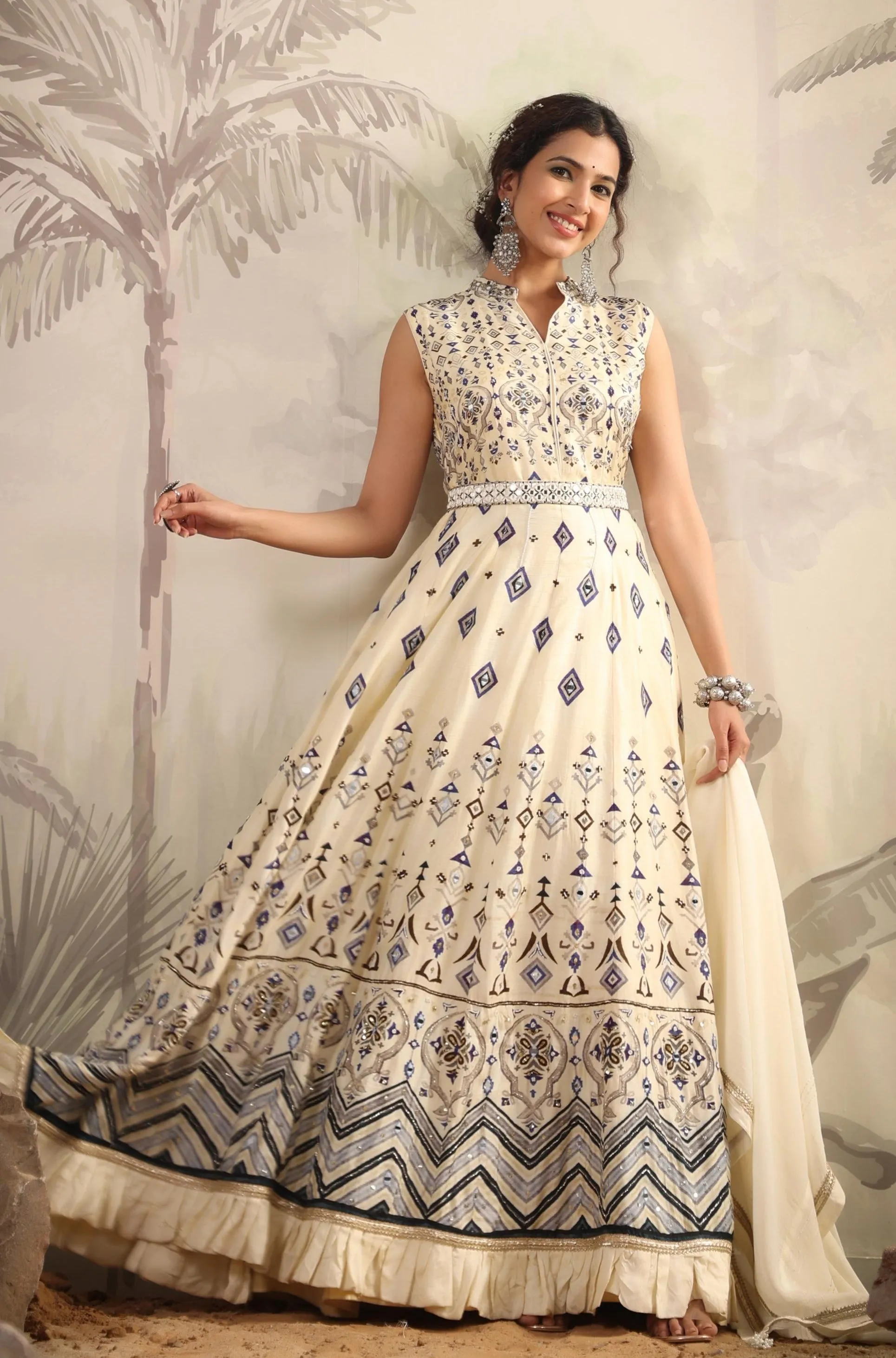 Ivory Cotton Silk Printed Anarkali Gown With Belt And Chiffon Dupatta