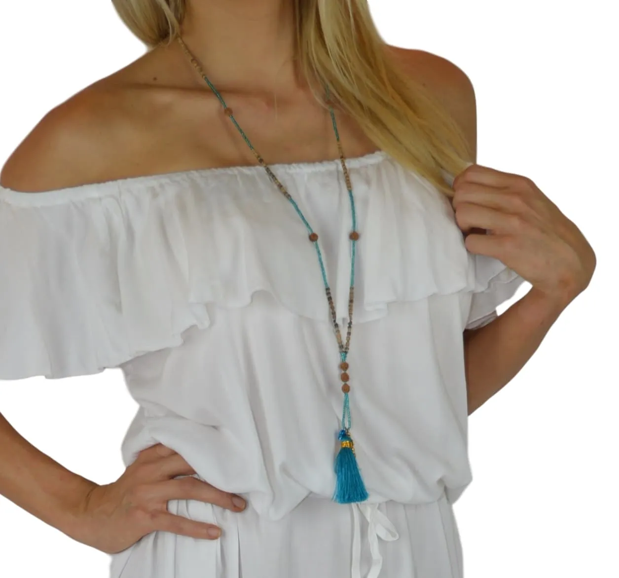 Jewelry - Mala Necklace with Buddha, Bells, and Tassel - Turquoise