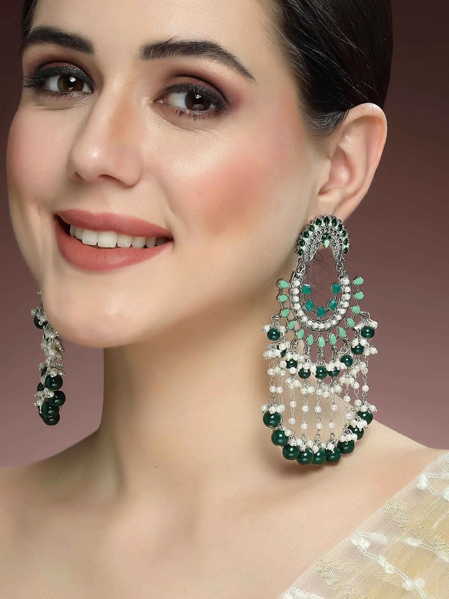 Karatcart Gold Plated Green Beads Kundan Dangler Earrings for Women