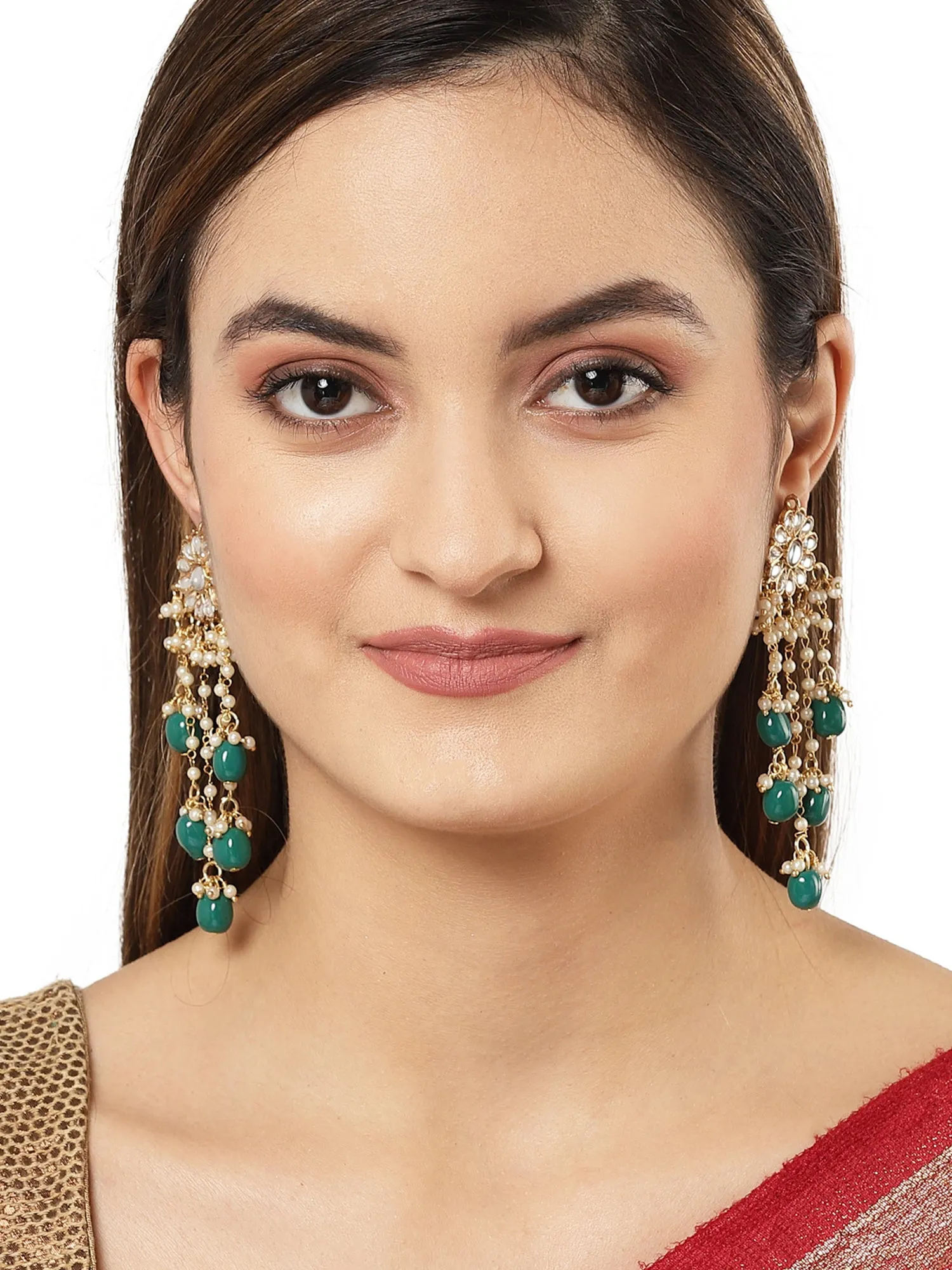 Karatcart Gold Plated Green Tumble Kundan Tassel Earrings for Women