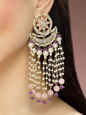 Karatcart Gold Plated Pink Beads Purple Crystals Kundan Tassel Earrings for Women
