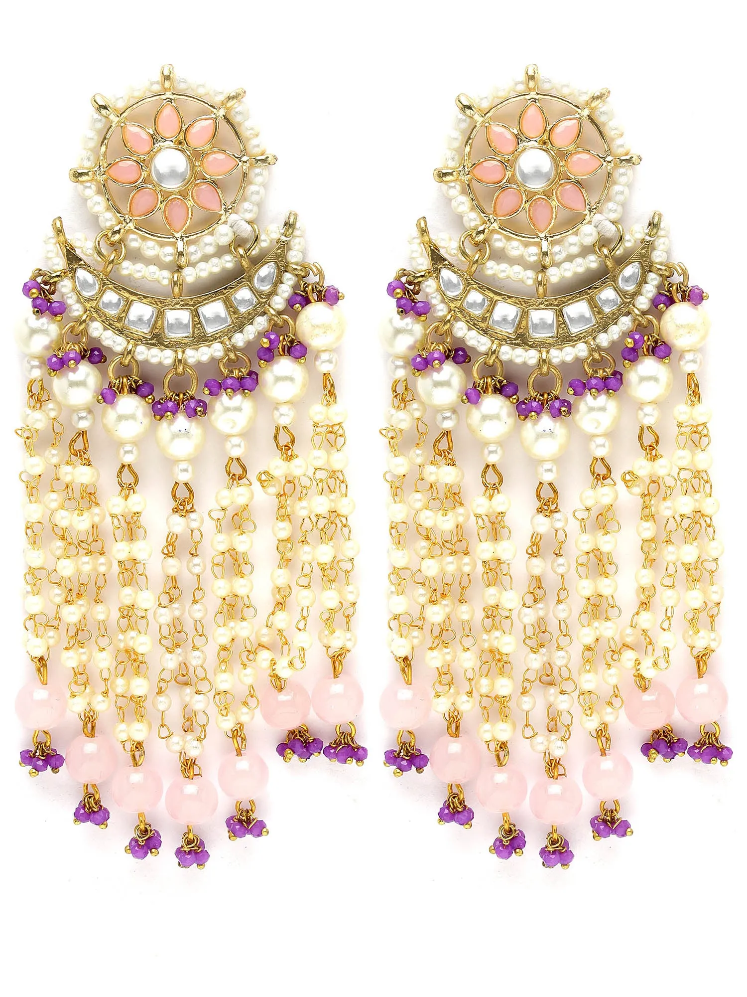 Karatcart Gold Plated Pink Beads Purple Crystals Kundan Tassel Earrings for Women
