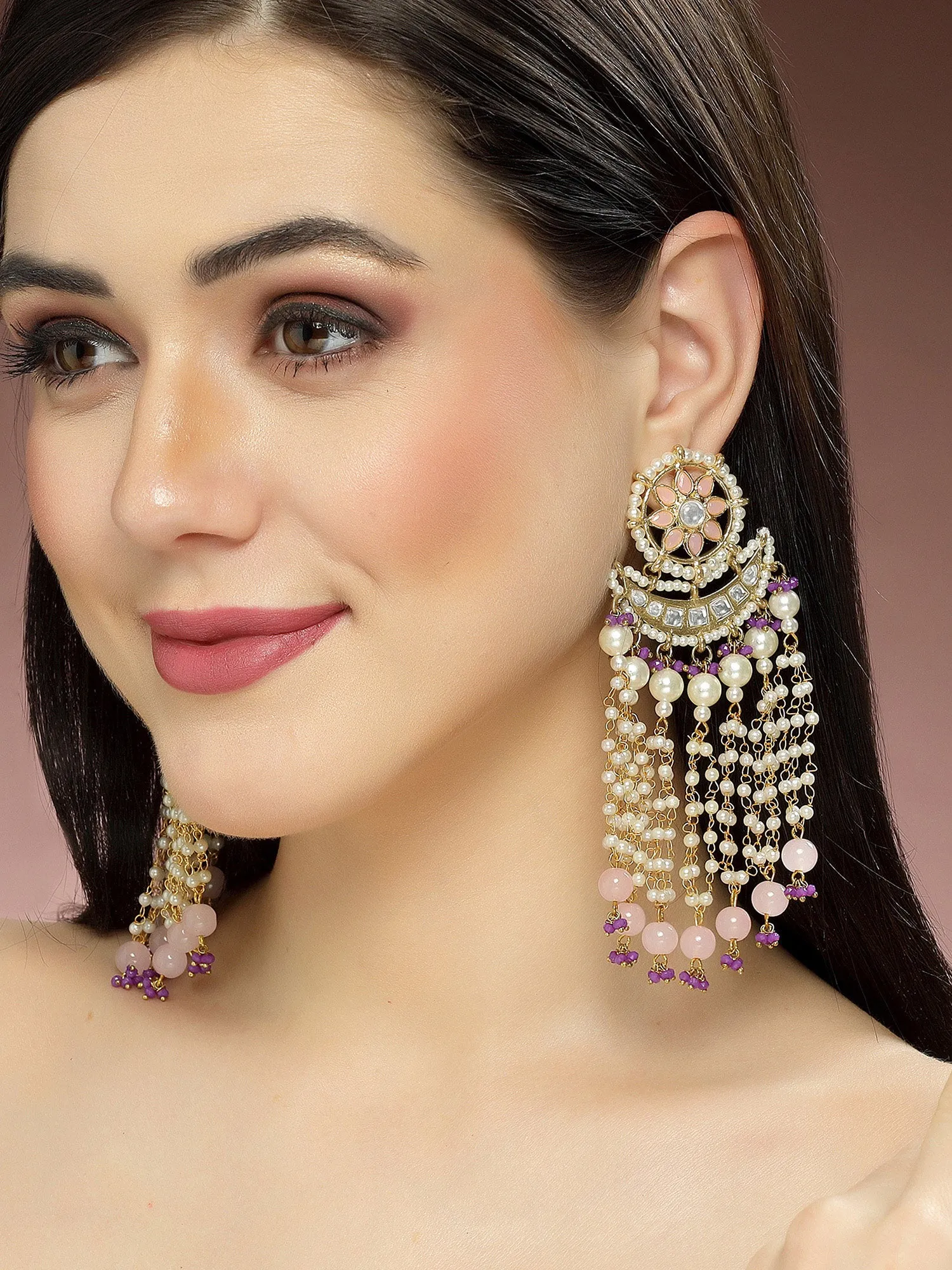 Karatcart Gold Plated Pink Beads Purple Crystals Kundan Tassel Earrings for Women