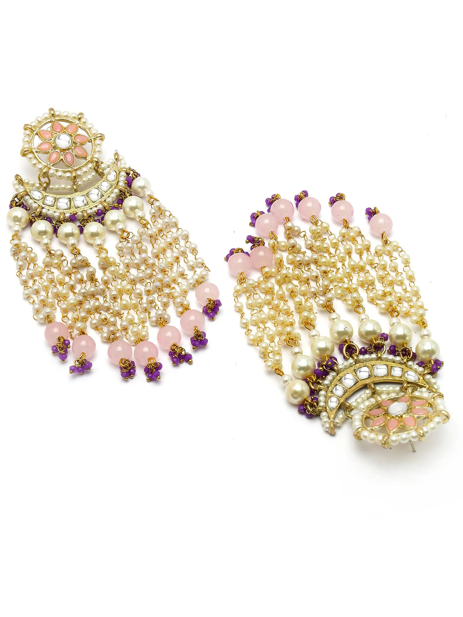 Karatcart Gold Plated Pink Beads Purple Crystals Kundan Tassel Earrings for Women