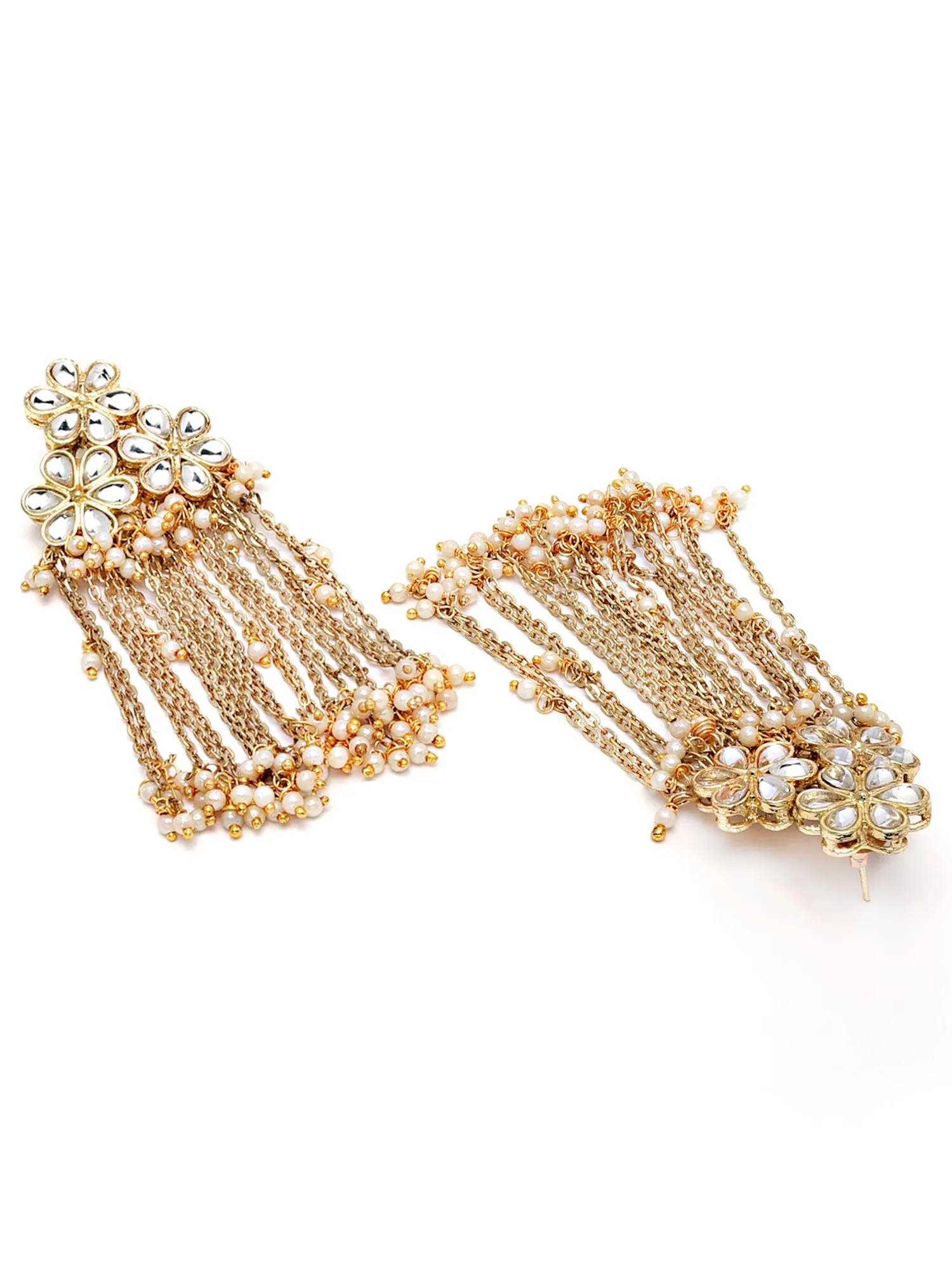 Karatcart Gold Plated White Pearl Kundan Tassel Earrings for Women