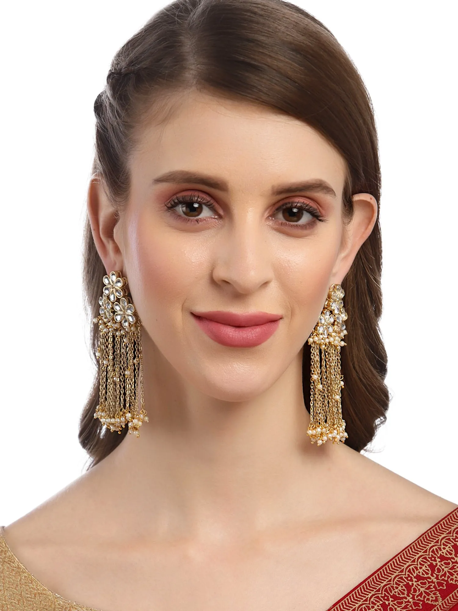 Karatcart Gold Plated White Pearl Kundan Tassel Earrings for Women