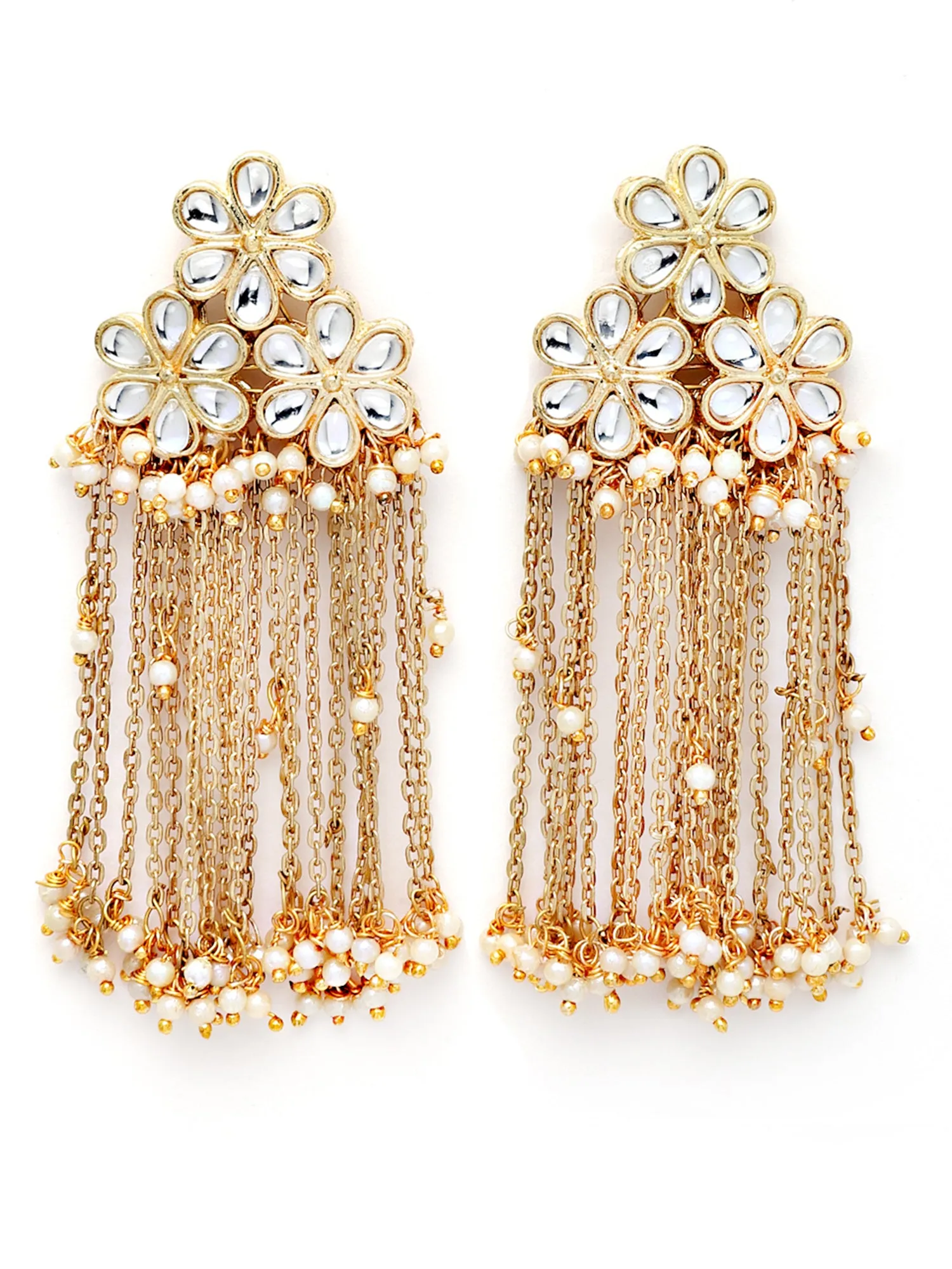 Karatcart Gold Plated White Pearl Kundan Tassel Earrings for Women