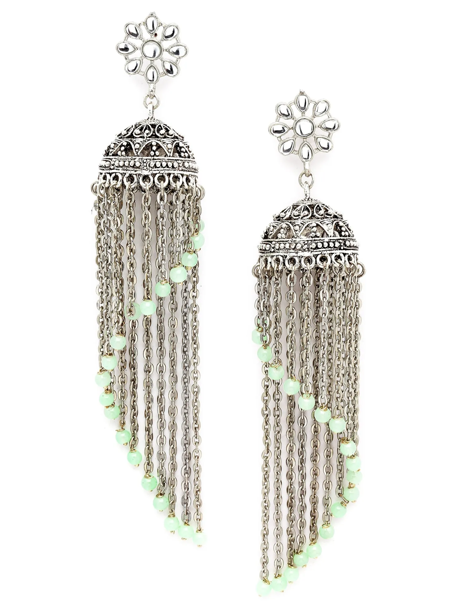 Karatcart Oxidised Silver Light Green Beads Kundan Jhumki Earringsfor Women