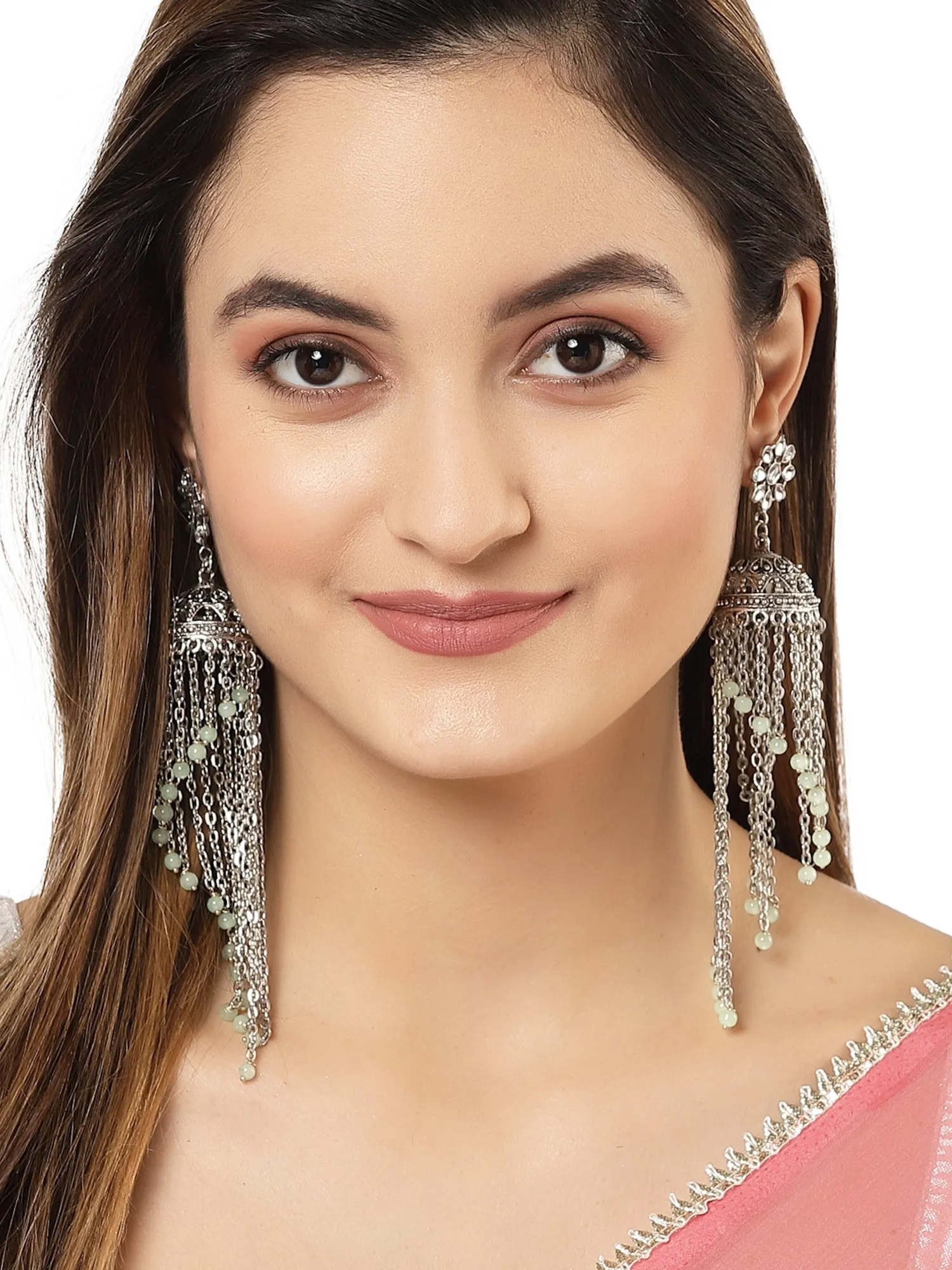 Karatcart Oxidised Silver Light Green Beads Kundan Jhumki Earringsfor Women