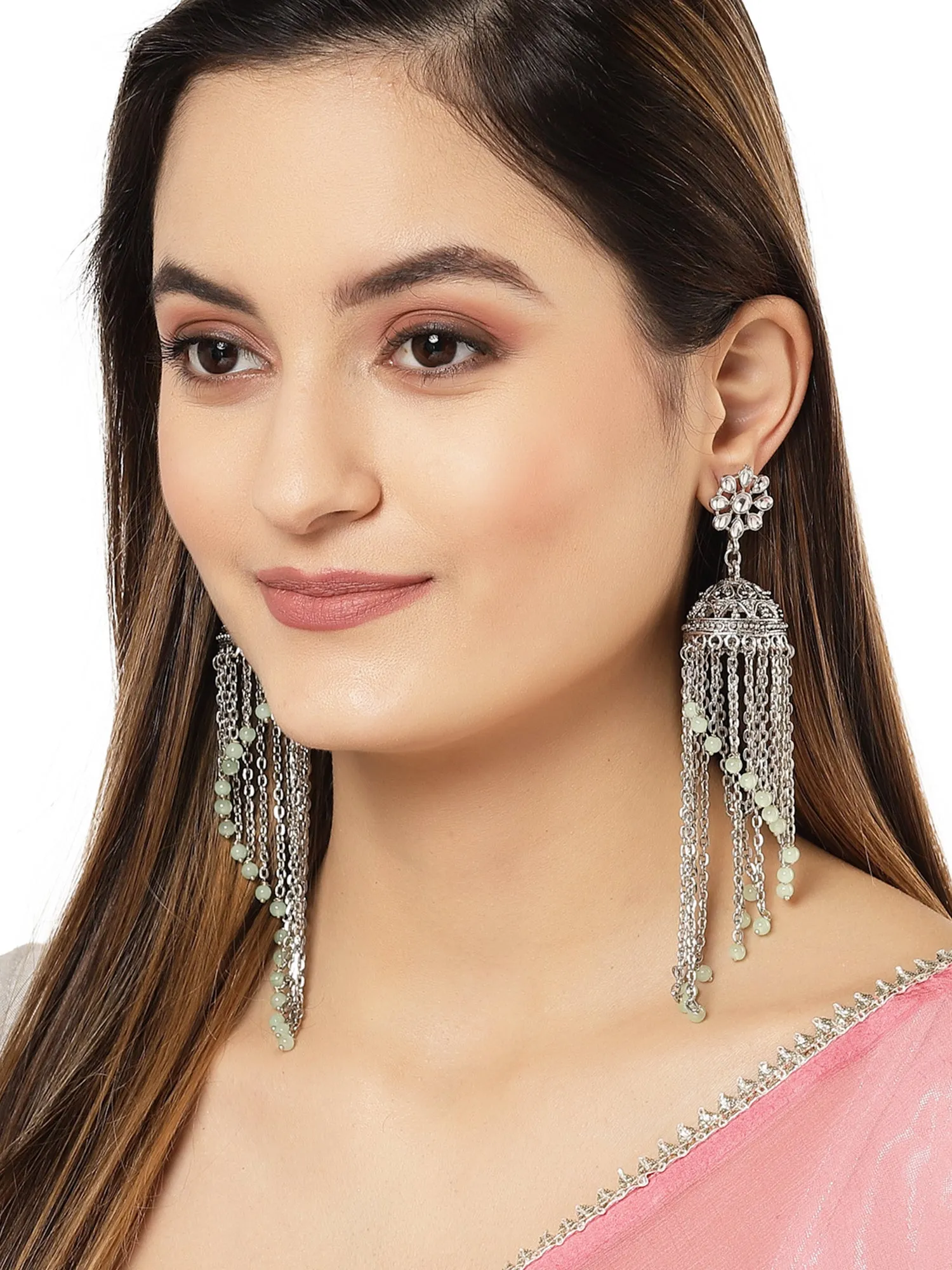 Karatcart Oxidised Silver Light Green Beads Kundan Jhumki Earringsfor Women