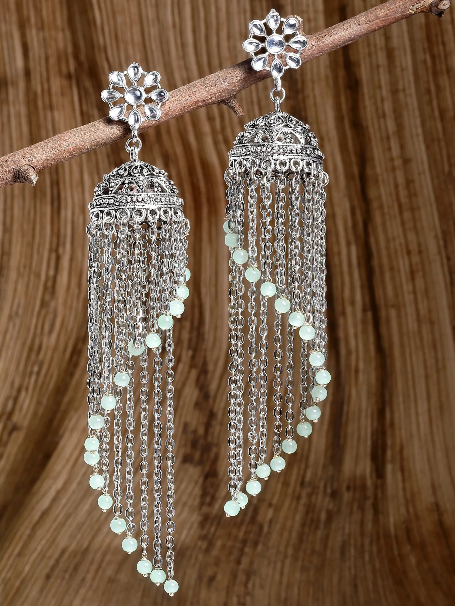 Karatcart Oxidised Silver Light Green Beads Kundan Jhumki Earringsfor Women