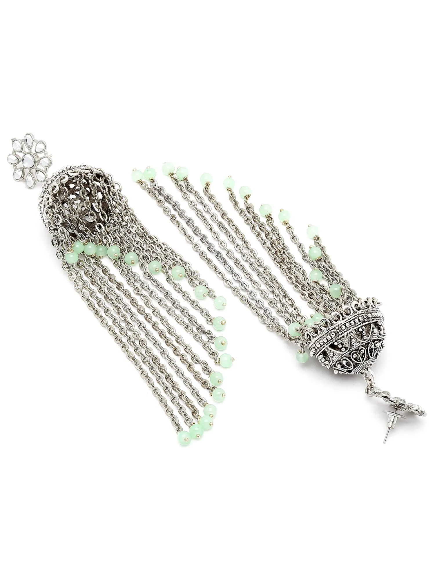 Karatcart Oxidised Silver Light Green Beads Kundan Jhumki Earringsfor Women
