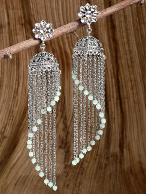 Karatcart Oxidised Silver Light Green Beads Kundan Jhumki Earringsfor Women