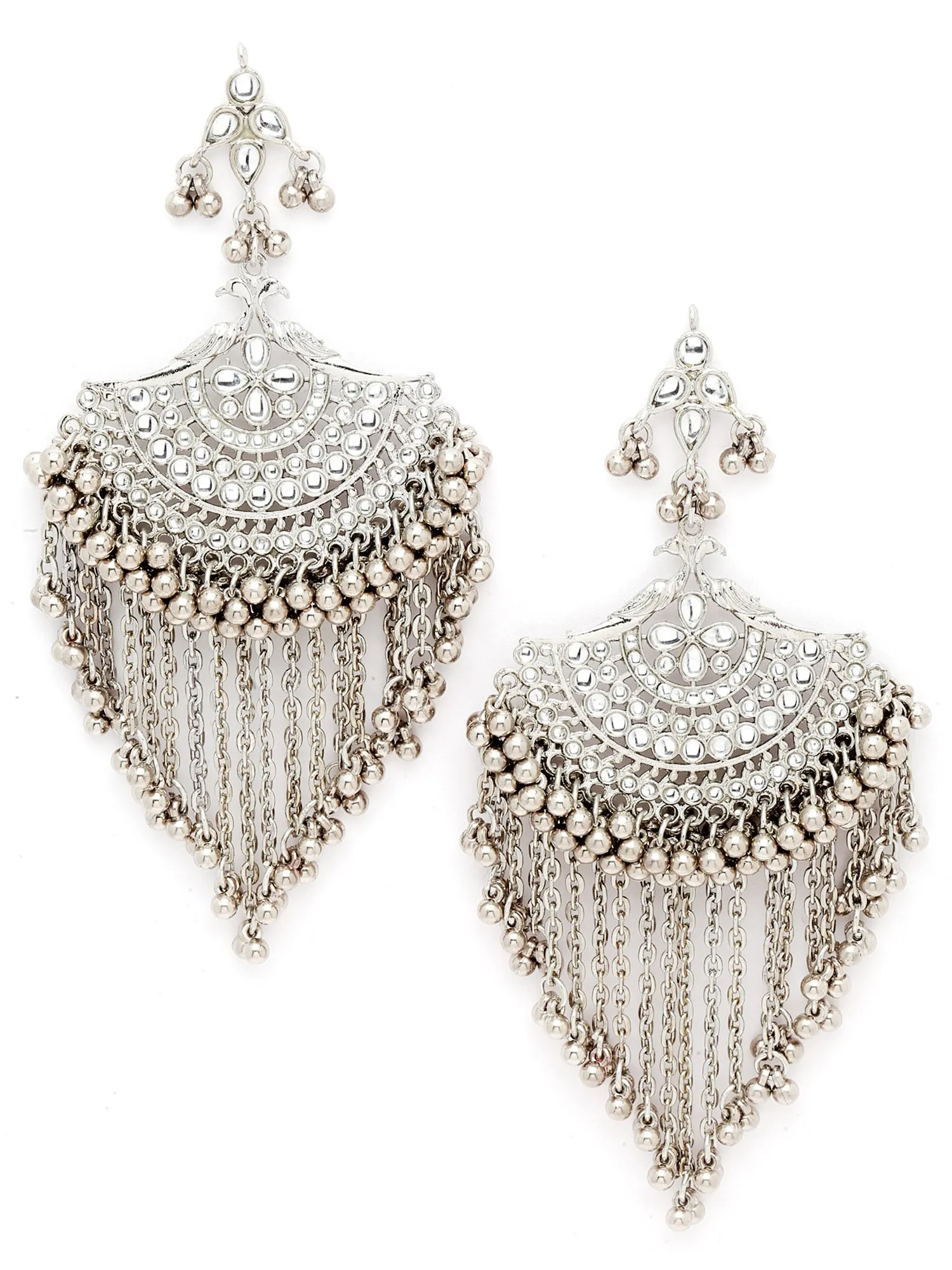 Karatcart Oxidised Silver White Kundan Chandbali Earrings with Tasselsfor Women
