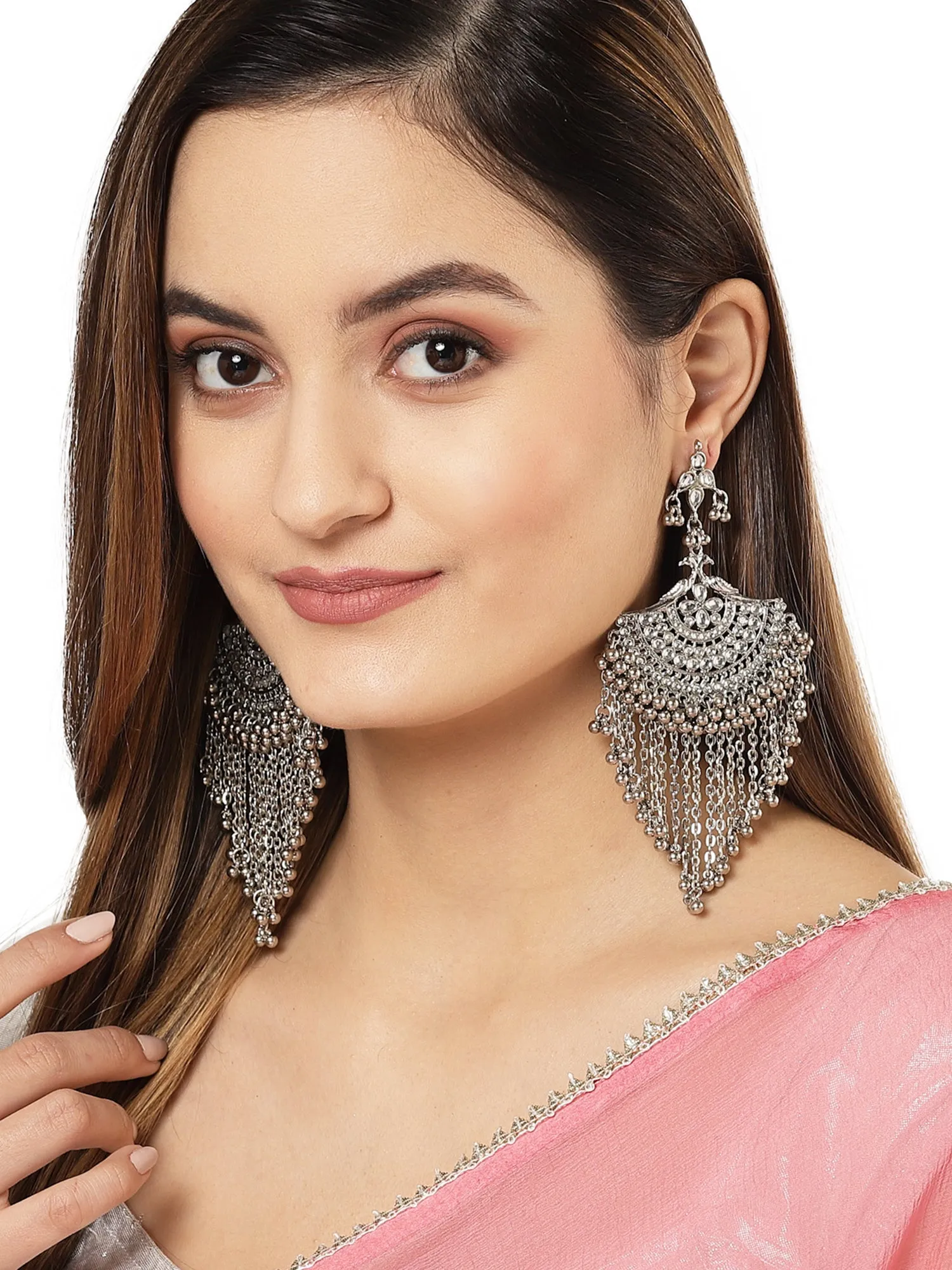 Karatcart Oxidised Silver White Kundan Chandbali Earrings with Tasselsfor Women
