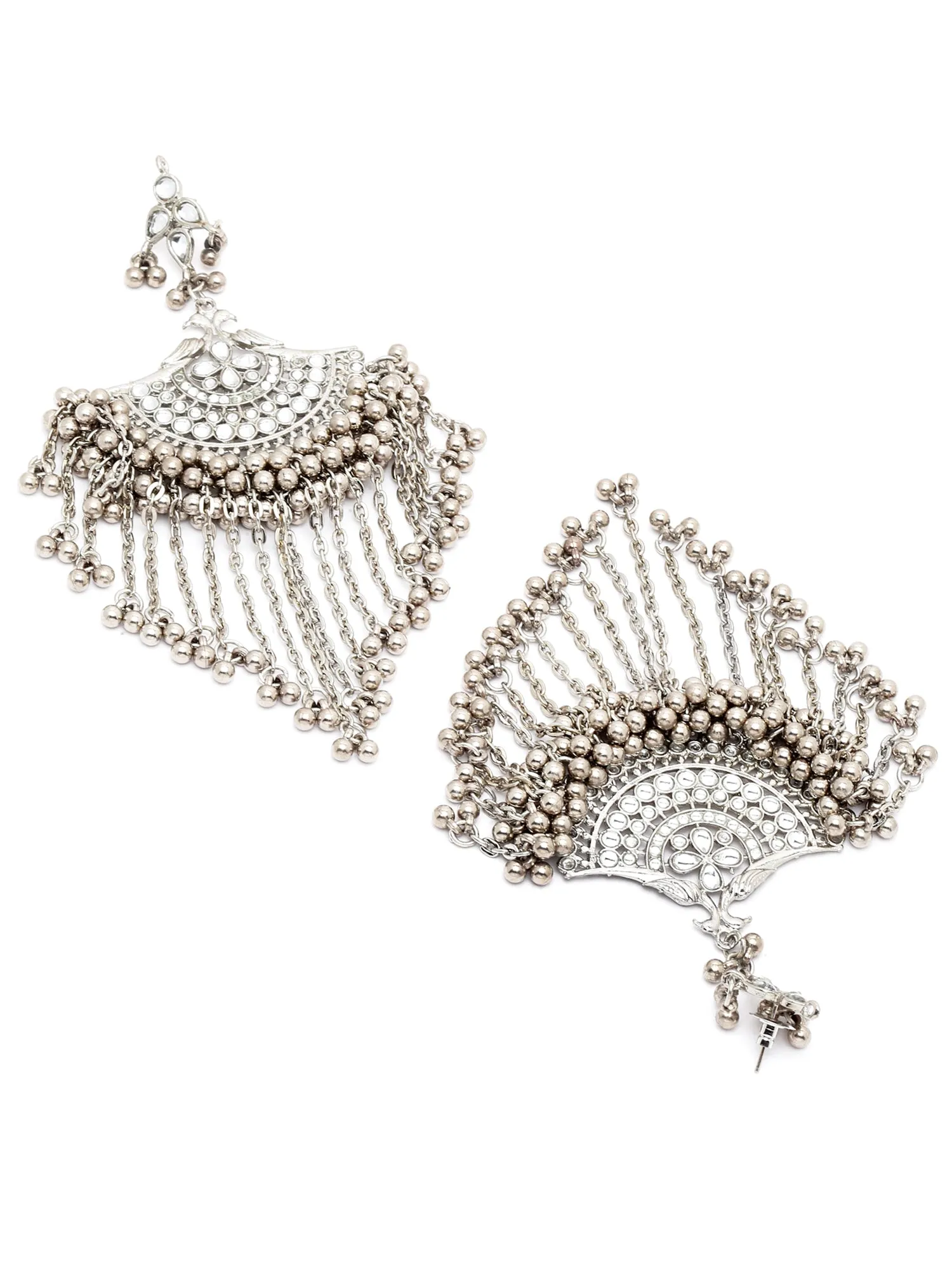 Karatcart Oxidised Silver White Kundan Chandbali Earrings with Tasselsfor Women