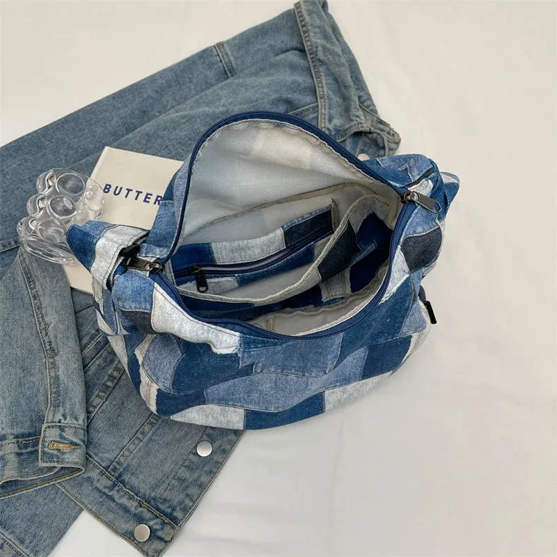 Kawaii Denim Dream 🎀✨ - Patchwork Shoulder Bag for Trendy Girls, Versatile Messenger Hobo Style! 👜💖