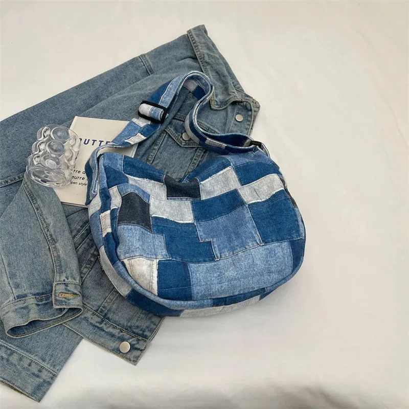 Kawaii Denim Dream 🎀✨ - Patchwork Shoulder Bag for Trendy Girls, Versatile Messenger Hobo Style! 👜💖