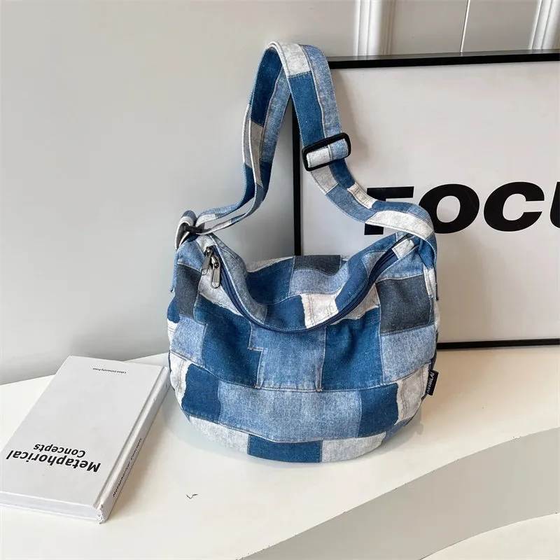 Kawaii Denim Dream 🎀✨ - Patchwork Shoulder Bag for Trendy Girls, Versatile Messenger Hobo Style! 👜💖