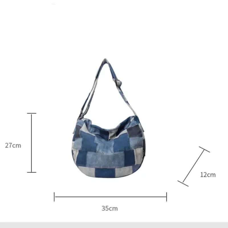 Kawaii Denim Dream 🎀✨ - Patchwork Shoulder Bag for Trendy Girls, Versatile Messenger Hobo Style! 👜💖