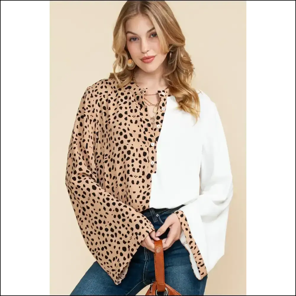 Khaki Leopard Patchwork Henley Blouse: Needful Things ! 🐆🤣