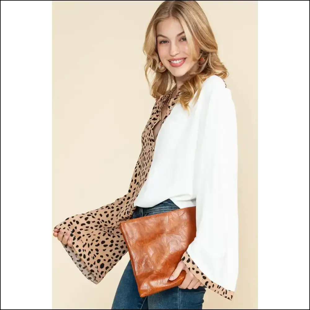 Khaki Leopard Patchwork Henley Blouse: Needful Things ! 🐆🤣