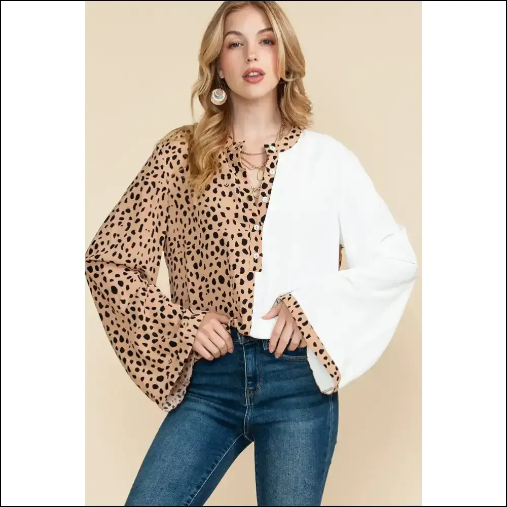 Khaki Leopard Patchwork Henley Blouse: Needful Things ! 🐆🤣