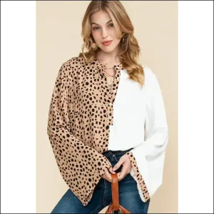 Khaki Leopard Patchwork Henley Blouse: Needful Things ! 🐆🤣