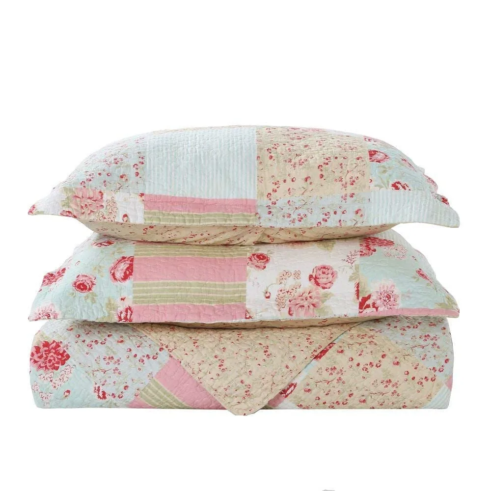 King size 3-Piece Cotton Patchwork Quilt Set with Pink Blue Floral Pattern
