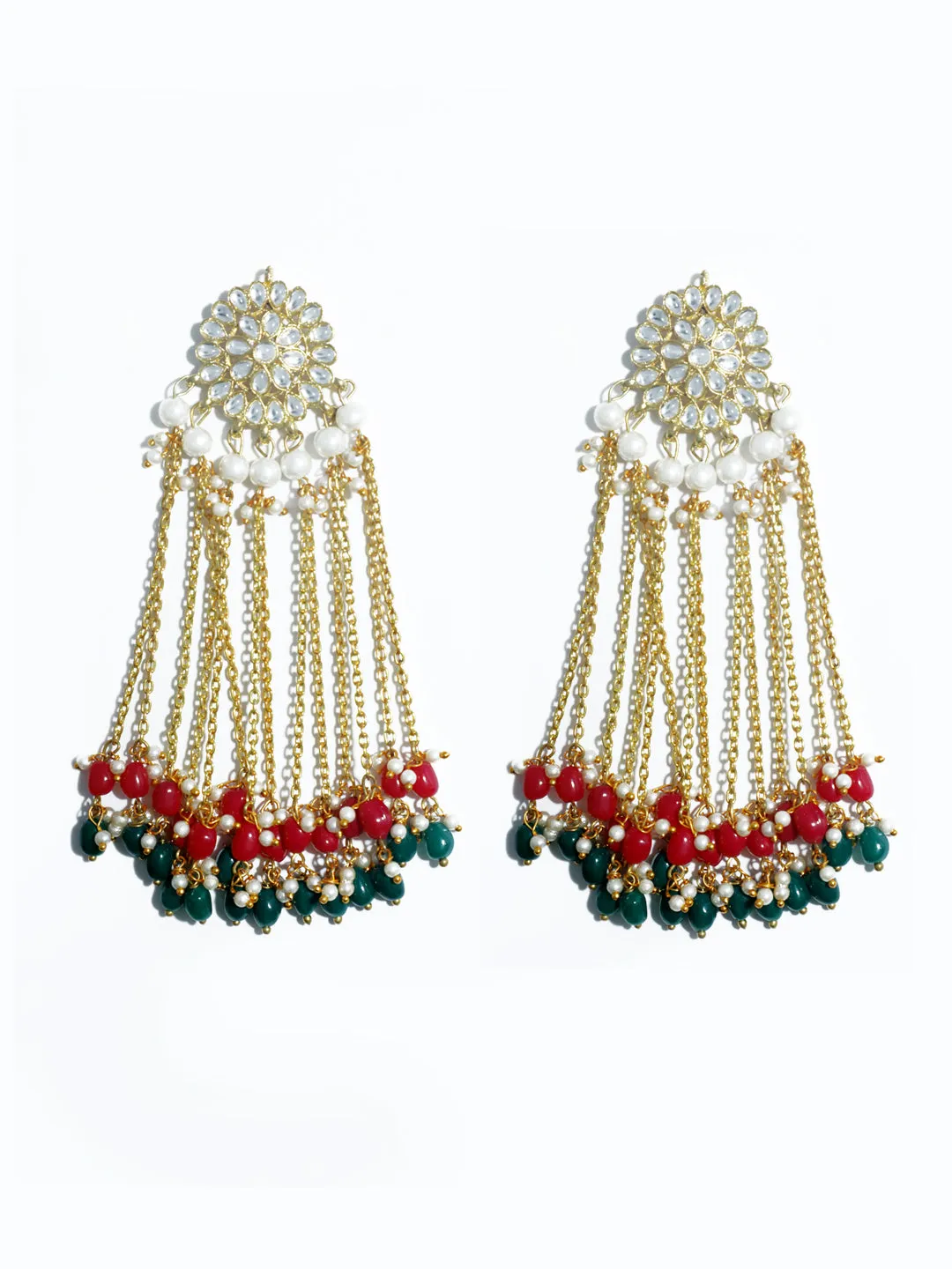 Kundan Red and Green Tassel Earrings
