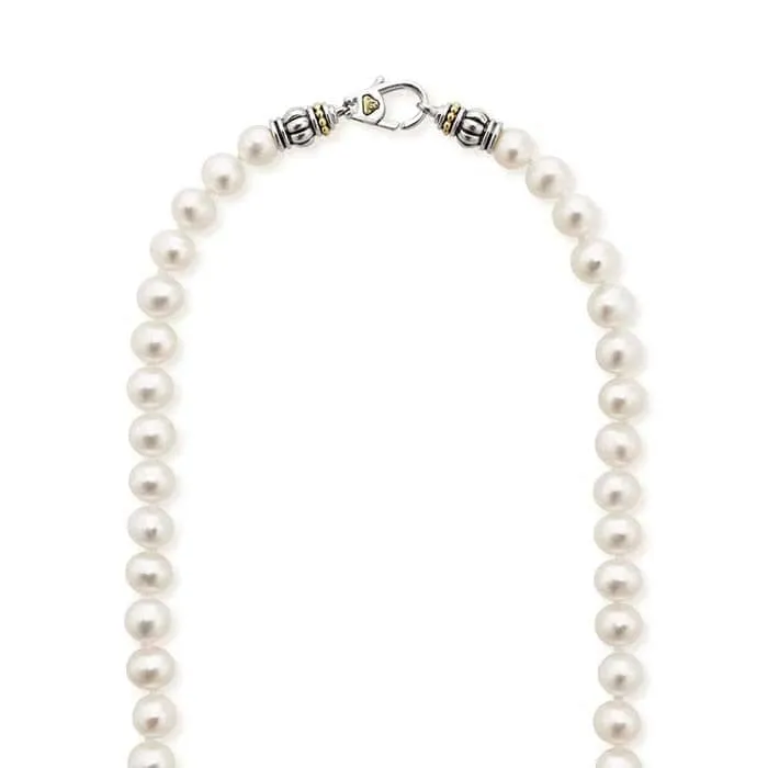 LAGOS 24" Small Pearl Necklace in Sterling Silver and 18K Yellow Gold