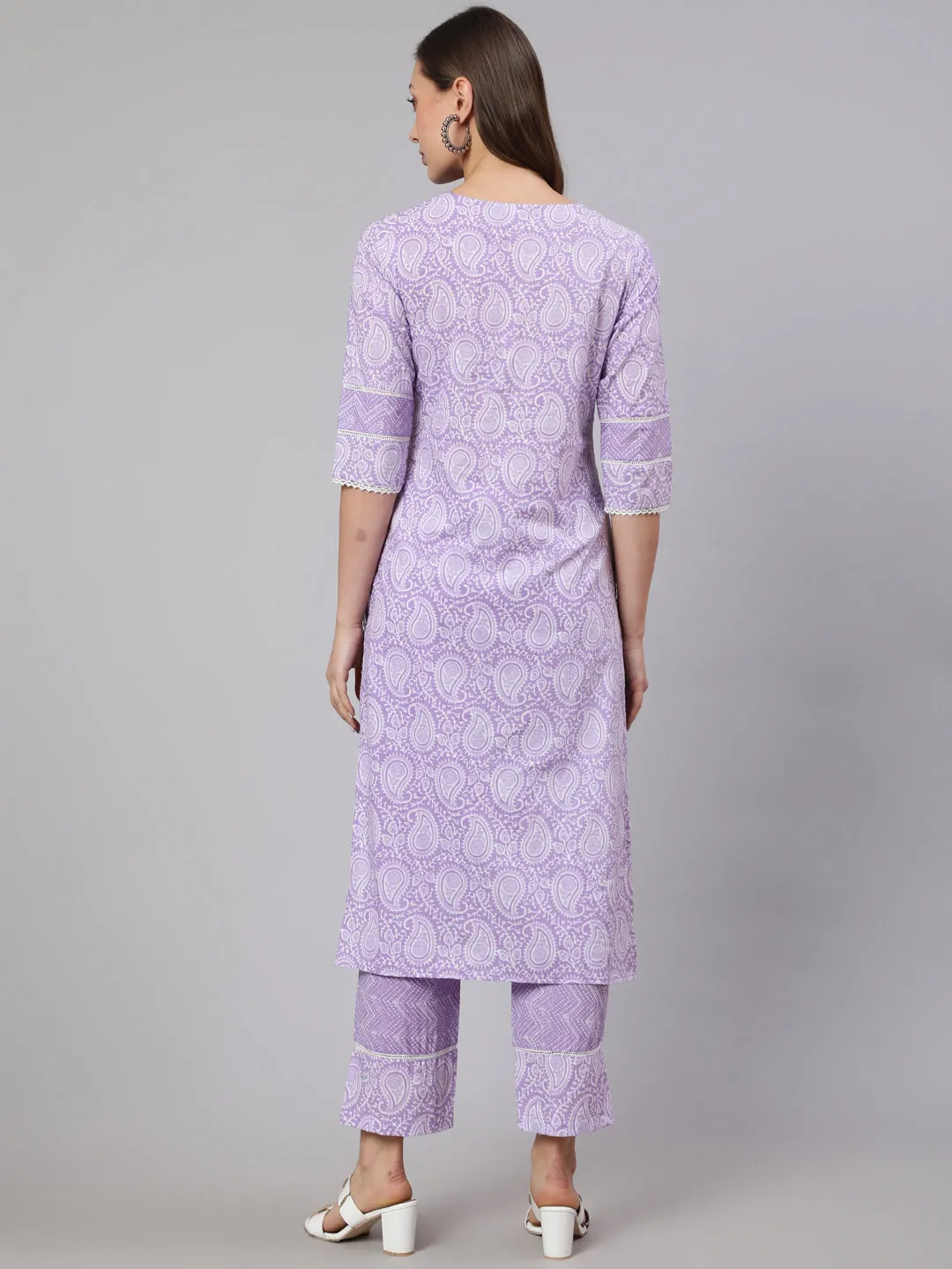 Lavender Ethnic Paisley Printed Cotton Kurta With Pants