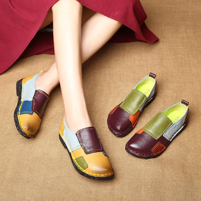 Leather color matching retro flat with soft soles