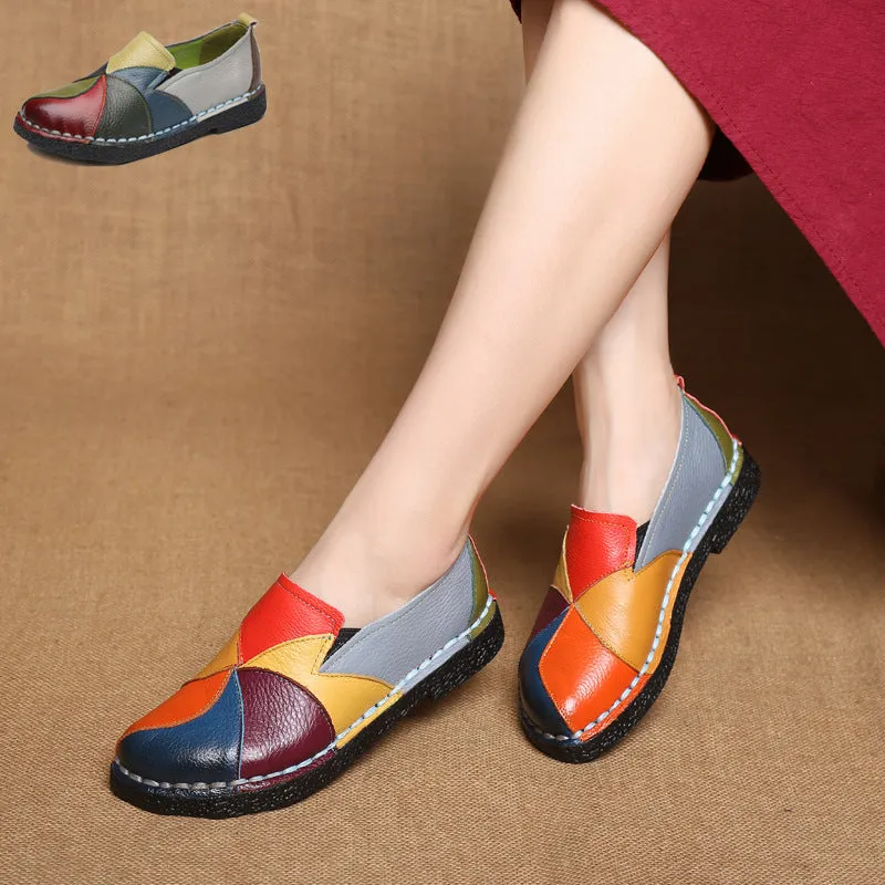 Leather color matching retro flat with soft soles