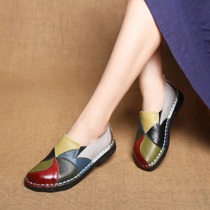 Leather color matching retro flat with soft soles