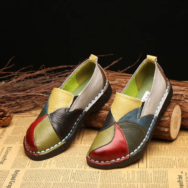 Leather color matching retro flat with soft soles