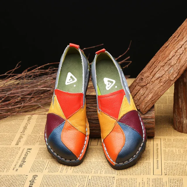 Leather color matching retro flat with soft soles