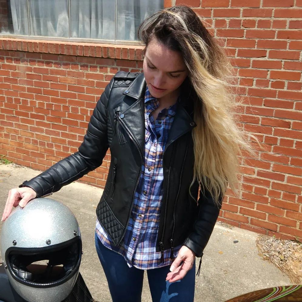 Leather Republic Ladies Black Lambskin Leather Jacket with Quilted Detail