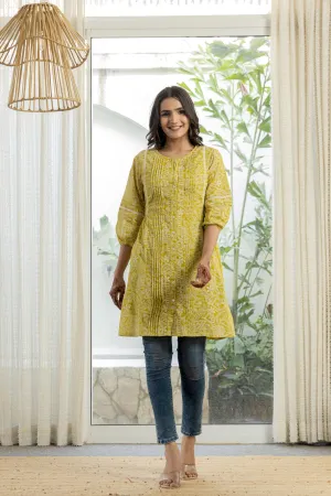 Lemon Ethnic Motif Printed Cotton Kurta With Button Closure