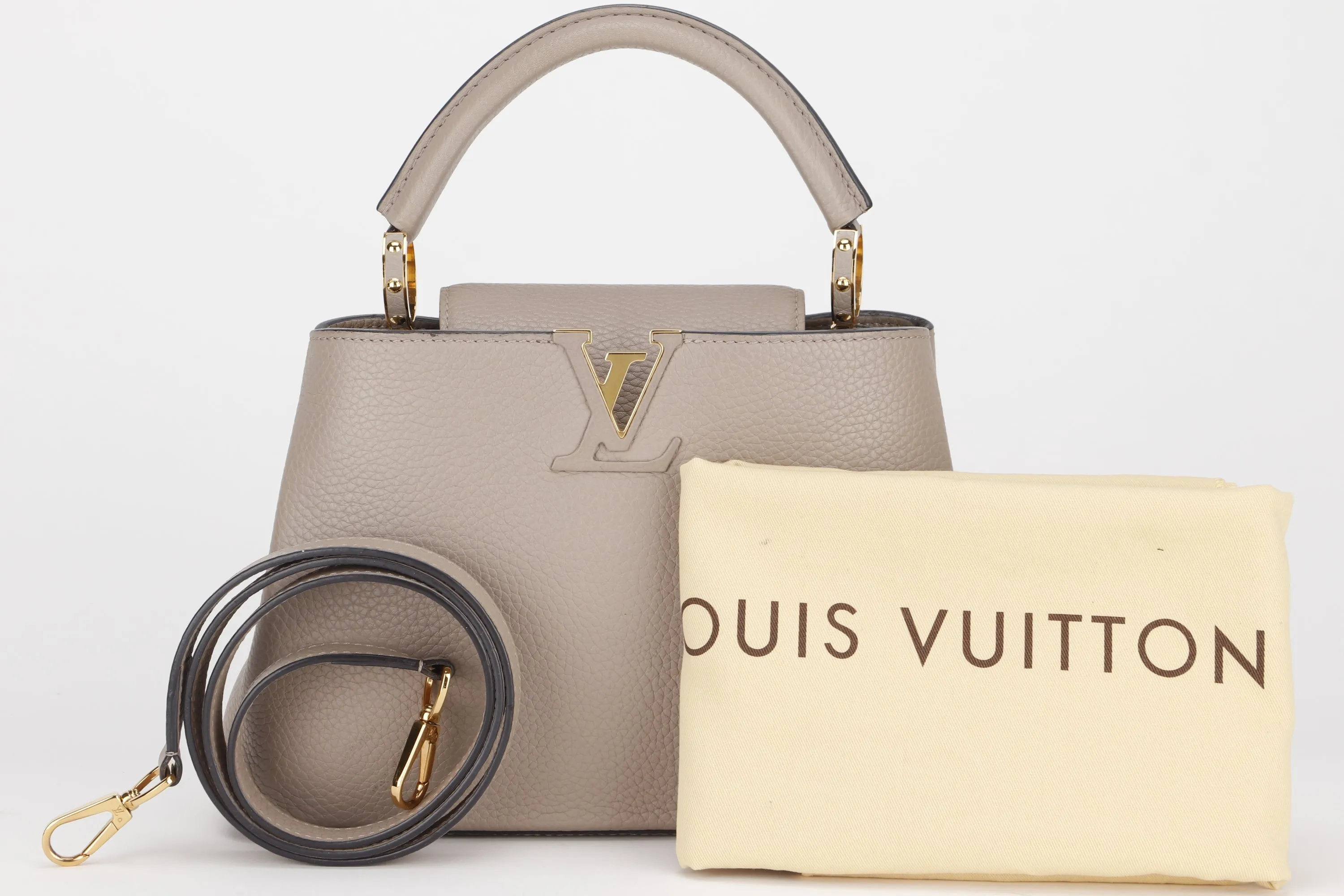 LOUIS VUITTON M94634 CAPUCINE BB (MI0166) GALET COLOR TAURILLON LEATHER GOLD HARFDWARE, WITH STRAP & DUST COVER