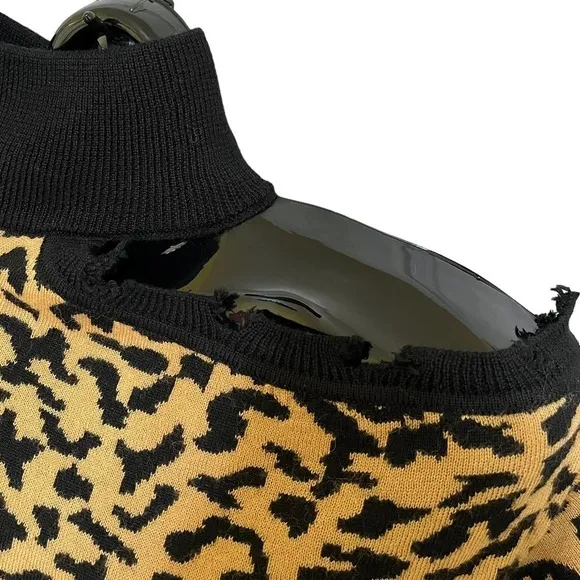 Lovers and Friends Distressed Arlington Leopard Print Turtleneck Sweater Top